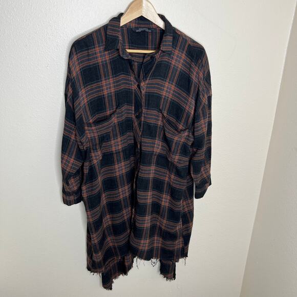 Zara Woman Tops - Zara Woman Orange Gray Plaid Oversized Button Up Medium